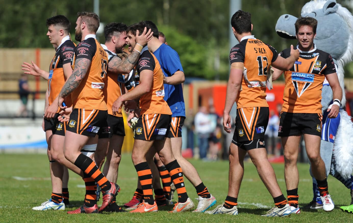 2015 - Dewsbury v Workington - Carl Forber is mobbed after drawing the game 5